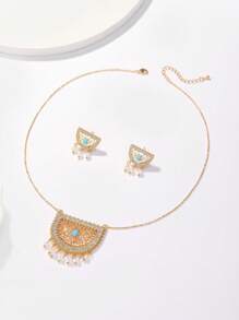 3pcs/Set Vintage Ramadan Copper Inlaid Zirconia Hollow Flower Tassel Necklace & Earrings Jewelry Set For Women