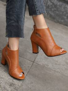 Women's Peep Toe PU Chunky High Heel Back Zipper Ankle Strap Sandals - Brown - View 2