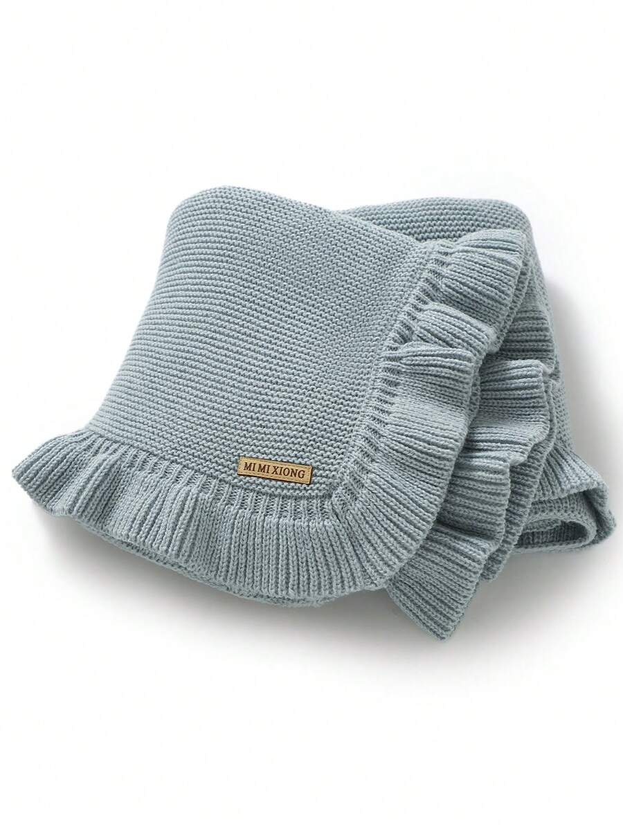 1pc Soft Knitted Baby Swaddle Blanket With Ruffle Hem - Baby Blue - View 1