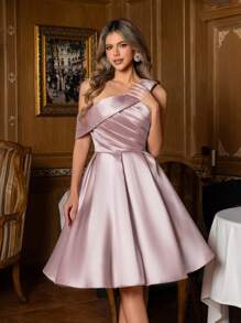 Faeriesty Váy dự tiệc satin thanh lịch với vai dốc và cổ áo nhún phía trước - Rượu sâm banh - Xem 8