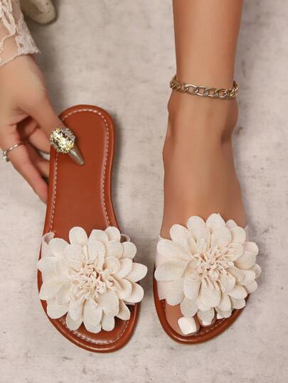 Women Flower Decor Slippers, Anti-Slip Flat Beach Vacation Sandals