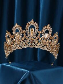 奢华水晶巴洛克女王头饰皇冠，手工制作婚礼公主头箍，镶嵌闪亮水钻，适合万圣节、生日、舞会（金色） - 彩色 - 查看 2
