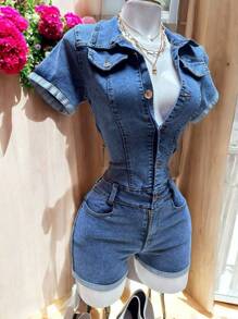 YOREE STRETCH DENIM JUMPSUIT WITH GOLDEN BUTTONS MOD. - 淺色水洗藍 - 查看 7