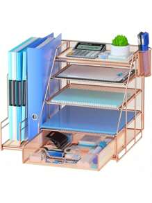 Egepon 玫瑰金办公桌收纳盒，带垂直文件夹架，5 层纸盘，带抽屉和悬挂式笔架，办公用品，返校用品，学校用品 - 玫瑰金 - 查看 1