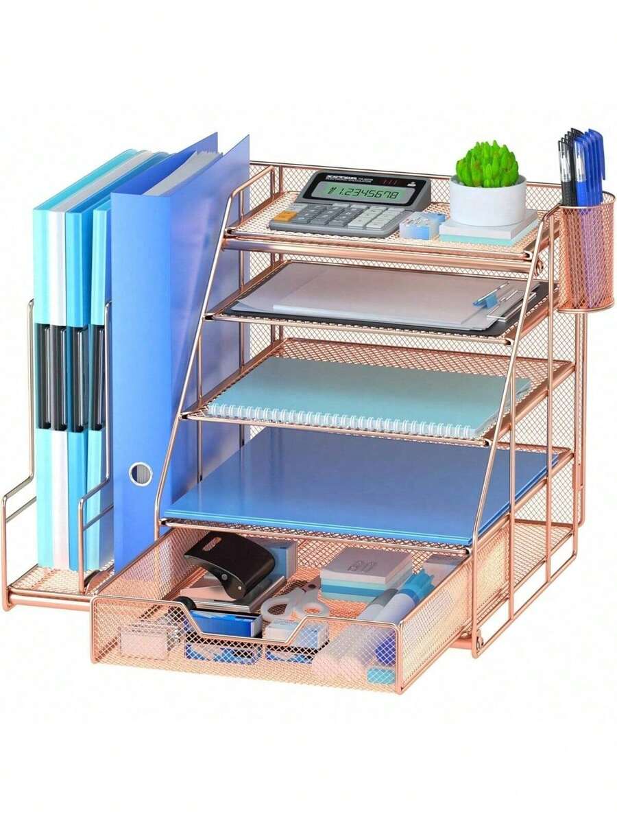 Egepon 玫瑰金办公桌收纳盒，带垂直文件夹架，5 层纸盘，带抽屉和悬挂式笔架，办公用品，返校用品，学校用品 - 玫瑰金 - 查看 1