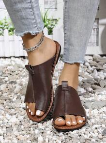 Sandalias planas para mujer, de moda casual estilo europeo y americano, con punta redonda, parche y diseño slip-on para la playa