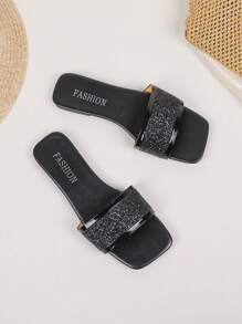 女士平底休闲沙滩凉鞋，亮黑色露趾一脚蹬拖鞋 - 黑色 - 查看 5