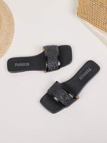 女士平底休闲沙滩凉鞋，亮黑色露趾一脚蹬拖鞋 - 黑色 - 查看 2