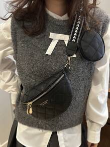 1 件时尚腰包，休闲格子仿皮斜挎胸包，带可调节肩带，拉链开合，涤纶衬里，适合派对和旅行