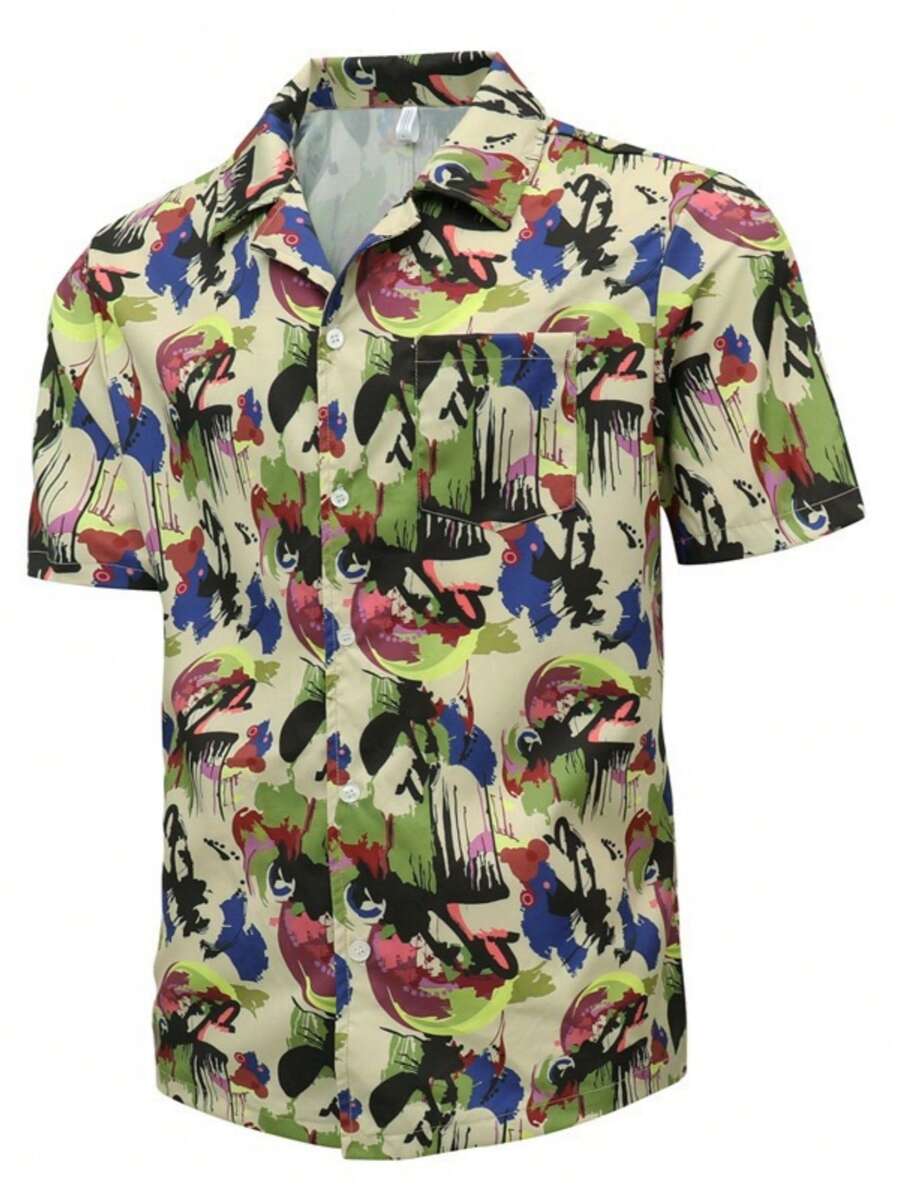 Men's Casual Outdoor Resort Vintage All Over Print Loose Fit Short Sleeve Shirt - Multicolor - View 1