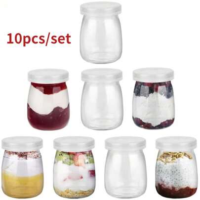 10pcs/Set 4oz Clear Glass Jars With PE Lids,Glass Yogurt Container,Glass Pudding Jars Yogurt Jars For Milk,Jams,Jelly,Mousse,Honey Pudding Jars High Temperature Resistant Glass Bottle Yogurt Container Glass Wishing Bottle Mini Yogurt Jars Glass Pudding Cups With PE Lids Containers Pot Ideal For Milk Jellies Honey Spices Mousse