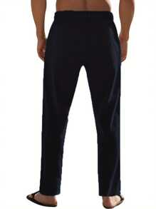 Men's Breathable Linen Pants Solid Color Drawstring Waist Casual Straight Leg Trousers For Summer - Black - View 4