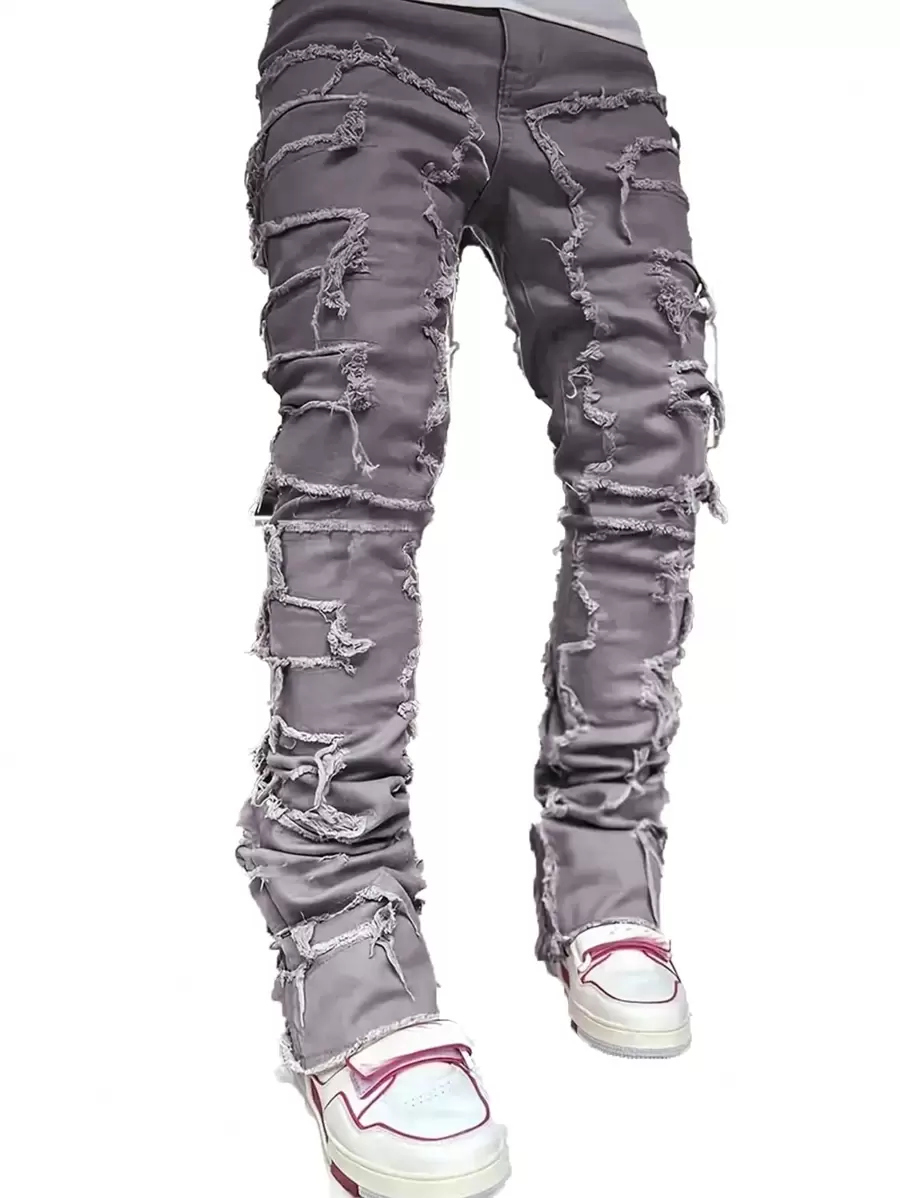 Men's Fashionable Creative Fringe Decorated Denim Jeans, Minimalist Style, Suitable For Summer - Dusty Purple - View 1