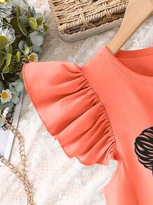 Girls Soft Knit Cartoon Girl Print A-Line Dress, Loose Casual Ruffle Hem Summer Dress - Coral Pink - View 4