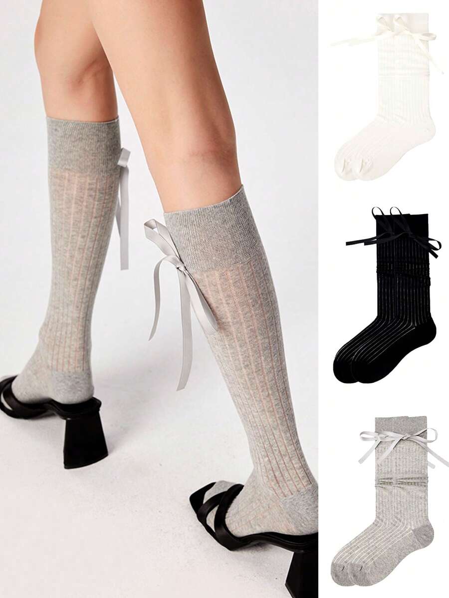 1 Đôi/3 Đôi Tất trang trí nơ phong cách Nhật Bản nhẹ - Phù hợp với mọi mùa, Y2k, ấm áp - Nhiều màu - Xem 1