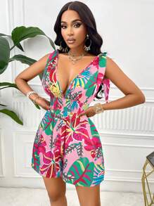 AIJ Amarilo 女士度假风格花卉印花系带肩部褶饰腰部超宽松连体短裤（随机印花） - 粉色 - 查看 7