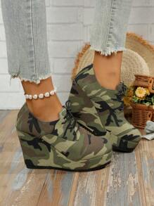 时尚系带厚底休闲鞋，坡跟厚底高跟鞋，大码女鞋，春秋季 - 軍綠色 - 查看 6