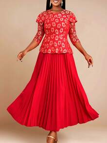 女式拼布针织花卉蕾丝褶皱 A 字形派对礼服，鸡尾酒会半正式舞会礼服，适合生日、婚礼嘉宾、毕业典礼、晚宴、返校节 - 紅色 - 查看 2