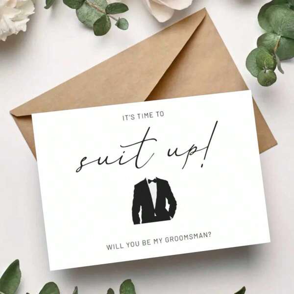 2pcs Elegant Groomsman Proposal Card - "It's Time To Suit Up!" With Tuxedo Illustration, Perfect For Wedding Celebrations, English Greeting For Men