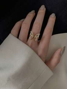 1 件时尚欧美风格铜蝴蝶镂空方晶锆石可调节戒指，日常佩戴 - 蝴蝶戒指 - 查看 3