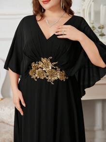 UNITHORSE Plus Size V-Neck Batwing Sleeve Front Embroidered & Beaded Decor Chiffon Cocktail Dress - Black - View 6