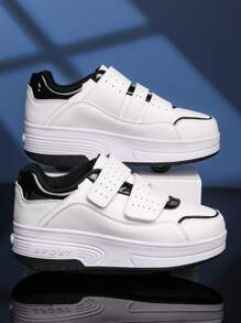 2025 Kids Unisex Wheeled Skate Shoes, Outdoor Sports Leisure Sneakers For Youth Teenagers, Hook-And-Loop Anti-Slip Contrast Color, Size 31-40 - Black and White - View 3