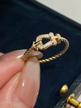 1pc S925 Sterling Silver Twisted Rope Horseshoe Design Synthetic Zirconia Embellished Ladies' Ring, Fashionable Bohemian Jewelry