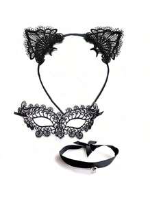 3pcs Set Sexy Black Lace Bell, Black Lace Cat Ears Headband, White Lace Gloves & Choker, Cat Girl Princess Costume
