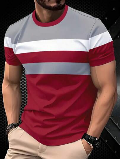 男士透气新颖 T 恤 - 休闲圆领，吸湿排汗涤纶，红白灰拼色短袖 T 恤