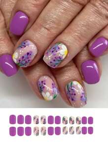 24 Peças Unhas Quadradas Curtas, Flores Roxas e Plantas Criativas Unhas Falsas, Unhas Falsas Adoráveis, Adequadas para Meninas Usarem, Pressionar nas Unhas, Presentes de Casamento, Noivas, Férias. Suprimentos de Unhas