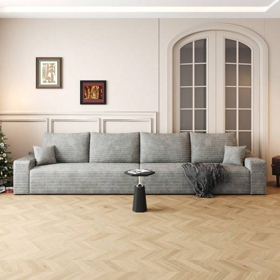 140" Cloud Sectional Couch Modern Modular Sofa With Deep Seat Upholstered Couches For Living Room Bedroom No Assembly Required Grey Plush Corduroy Fabric - 4 Seater(Grey) as pic - View 1
