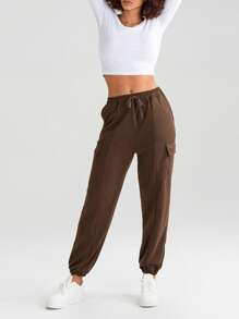 Women's Summer Sports Pants Solid Color Drawstring Waist Jogger Trousers With Pockets Streetwear - Coffee Brown - View 5