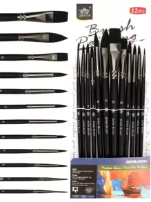 opeth Set di 12 pennelli in nylon nero, setole in nylon di alta qualità ad alta assorbenza, manici in legno ergonomici, 12 testine di pennello per pittura ad acrilico, olio, acquerello, gouache