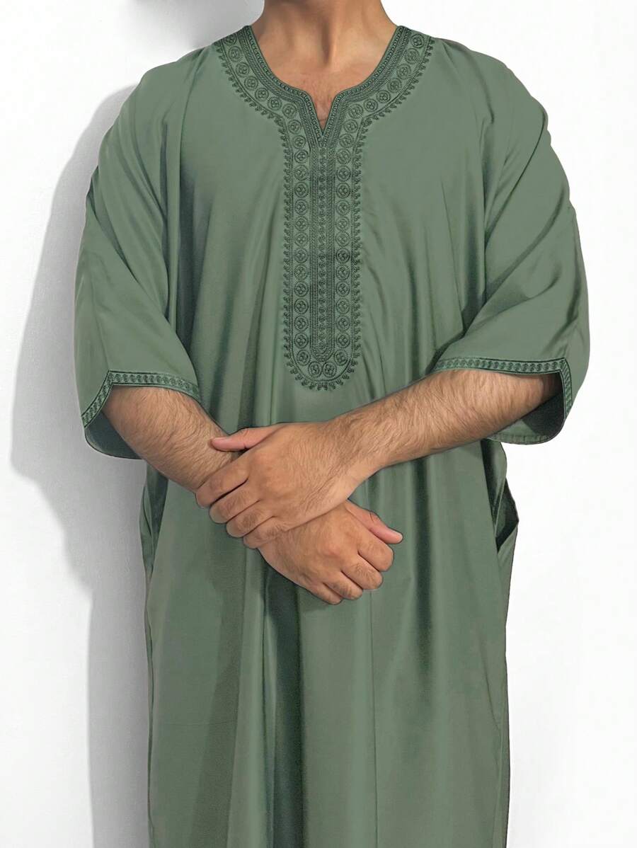 Men's Moroccan Style Short Sleeve Embroidered Robe With Side Pockets, Islamic Men's Casual Loungewear Robe, Ramadan Robe For Men - Olive Green - View 1
