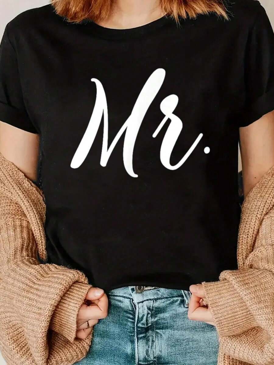 100% Cotton Mr And Mrs Shirts For Couples Honeymoon Mr T-Shirt Set - Black - View 1
