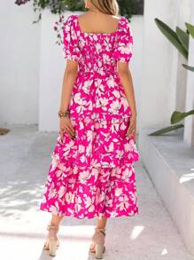 Women Summer Puff Short Sleeve Midi Dress Floral Printed Square Neck Smocked Dress Ruffle Tiered Flowy Long Dress Casual Spring Holiday Vacation Garden Boho Bohemian Wedding Guest Valentine Maxi Dress - White Rose Red Flower - View 2