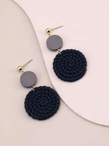 1 Pair Handmade Soft Clay Solid Navy Blue Braided Round Wood Earrings, Personalized Naturalistic Style For Women, Suitable For Vacation, Party, Also As A Gift - Navy Blue - View 2