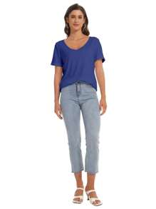 laozuy Women Fashion Deep V-Neck Short Sleeve Tops Solid Casual Loose Basic T Shirt - Royal Blue - View 5
