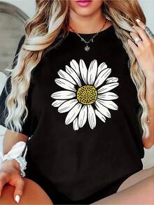 Plus Size - Plus Size - Plus Size Daisy Print Short Sleeve T-Shirt - Casual Crew Neck Oversized Tee, Fabric Blend, Slight Stretch, Spring/ Summer Women&Apos;S Top  Printed T-Shirt - màu đen - Xem 1