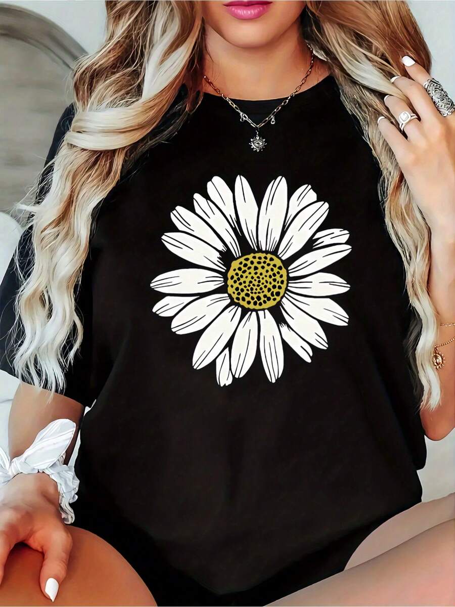 Plus Size - Plus Size - Plus Size Daisy Print Short Sleeve T-Shirt - Casual Crew Neck Oversized Tee, Fabric Blend, Slight Stretch, Spring/ Summer Women&Apos;S Top Printed T-Shirt - màu đen - Xem 1