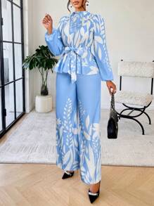 AIJ Amarilo 女士花卉印花腰收腰衬衫&阔腿裤套装两件套（定位印花）