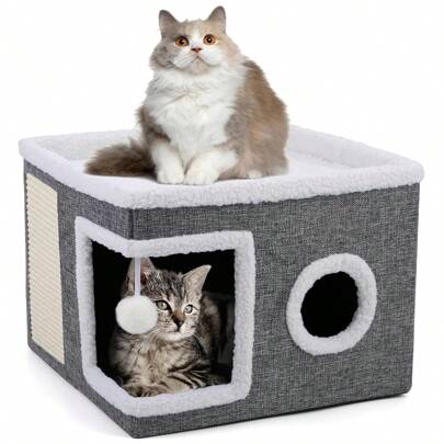 1pc Cat Bed, Cat Beds For Indoor Cats, Large Cat Bed Cave With Cozy Condo, Fluffy Hanging Ball, Round Window, Foldable Indoor Cat House Hold Up To 30LBS, Cat Hideaway, Cat Hideout With Soft Cushions, Cat Hut For All Seasons
