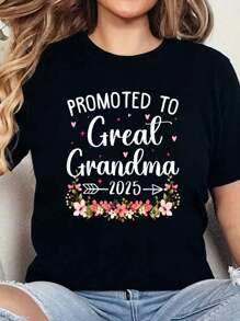 Promoted To Great Grandma Est 2025 First Time New Grandma Print T-Shirt Casual Crew Neck Short Sleeve Comfort Tee Top For Spring & Summer Women's Clothing - 黑色 - 查看 1