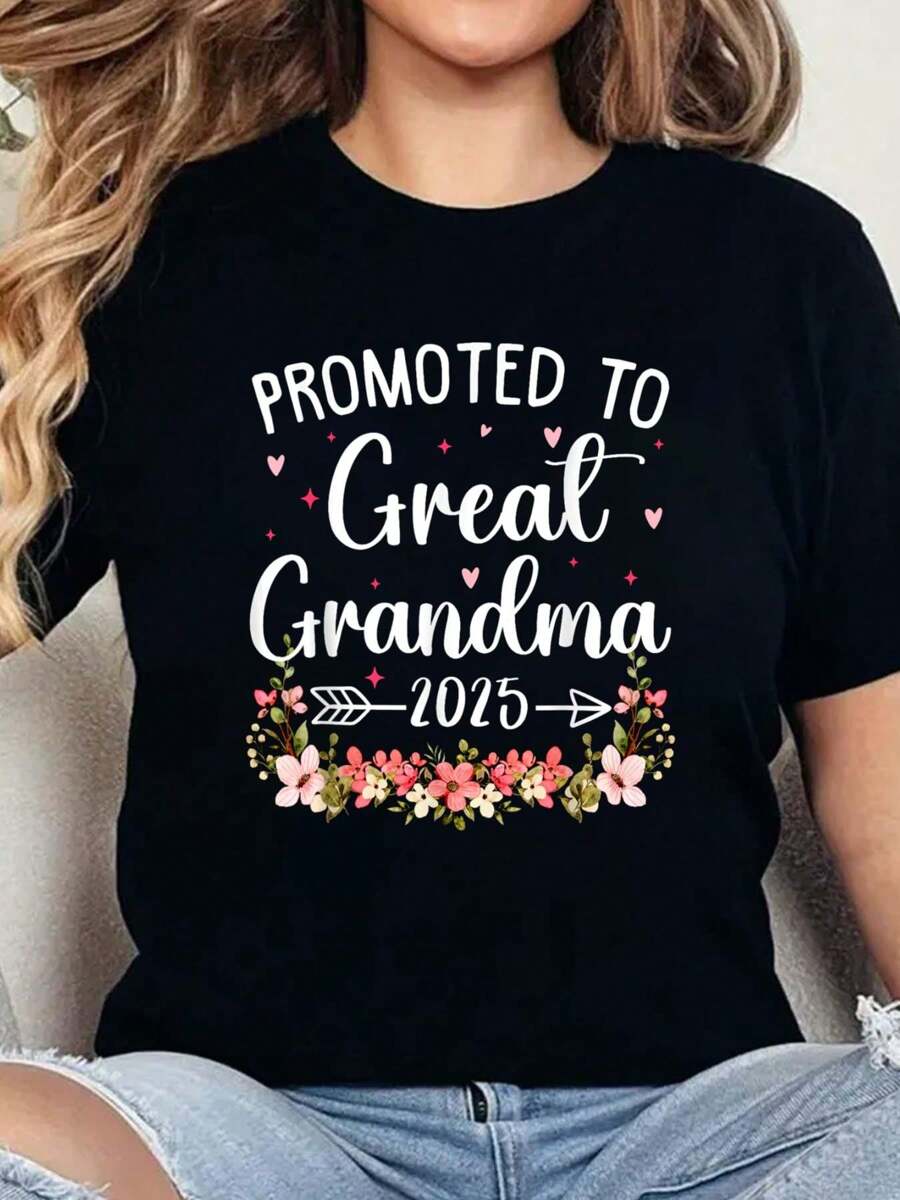 Promoted To Great Grandma Est 2025 First Time New Grandma Print T-Shirt Casual Crew Neck Short Sleeve Comfort Tee Top For Spring & Summer Women's Clothing - 黑色 - 查看 1