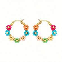 1 Pair Bohemian Style Floral Earrings, High-End Lightweight Luxury Stainless Steel Hoop Earrings, Anniversary/Birthday Gift