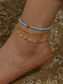 4pcs Holiday Style Heart Chain Pearl Anklet (Random Heart Chain Quantity, Based On Length) Valentine's Day Valentines,Mom,Mother,Mother's Day,Gift
