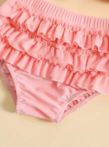 Baby Girls Summer Swimwear Outfit Sets Hanging Neck Tops + Layered Ruffle Shorts + Hat - Hồng - Xem 7