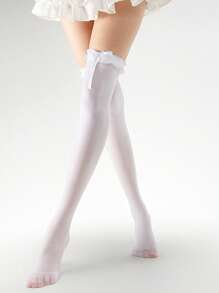 1 Pair Bow Lace Over The Knee Socks, Suitable For Wearing With Mini Skirts, Y2k