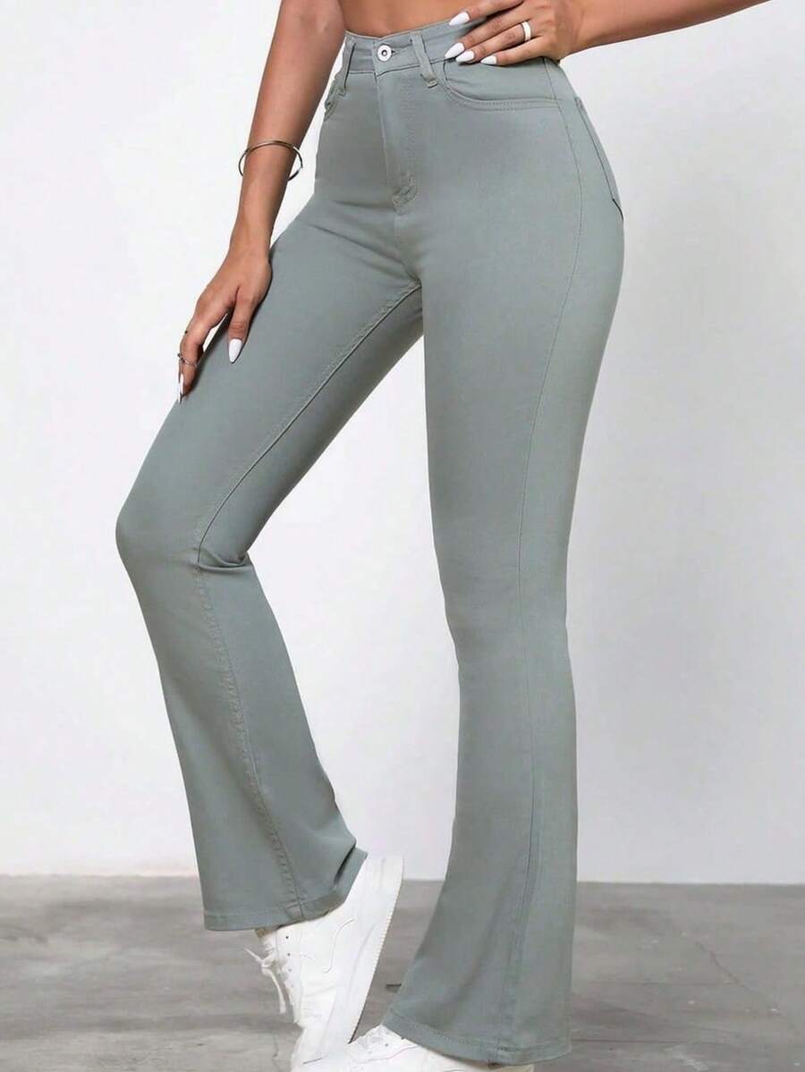 Pantalones vaqueros de tiro alto con campana para mujeres, pantalones vaqueros acampanados rasgados, atuendo de oficina para mujeres de estilo occidental