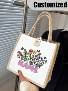 [Custom Made] Polyester Flower Design Tote Bag For Women - Waterproof, Large Capacity,Personalized Name, Unscented, Portable Makeup Pouch,Tote Bag, Travel Essential, Gift For Flower Lovers - Exclusive Gift - White - View 2